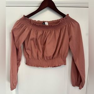 Pink, long sleeve, off the shoulder crop top, size small
